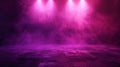 There is a dark stage, purple background, an empty scene in the dark, neon lights, spotlights, asphalt floor, and studio Royalty Free Stock Photo