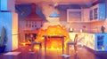 There is a dining table in a kitchen that has been damaged by a fire. There is smoke coming from the kitchen. There is a Royalty Free Stock Photo