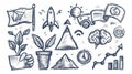 There are doodle icons of money plant, handshake, flag on rock peak, rocket startup launch, paper document, brain and Royalty Free Stock Photo