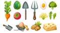 There are eight game icons in this set, along with gardening and farm cartoon elements, such as a shovel, metal hook and