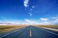 Endless straight road to snow mountains on plain with blue sky and white clouds