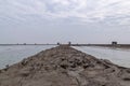 There are farms and roads made of soil on the dark beach