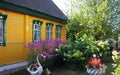 Rustic Russian yellow house with green trim