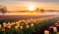 there is a field of tulips on a foggy morning Royalty Free Stock Photo