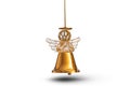 There is flying gold/yellow angel on the white background. Merry Christmas. Happy New Year 2020