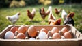 There are fresh chicken eggs in a stone box. Royalty Free Stock Photo