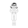 There is a funny and friendly girl wearing clothes that look like those worn by doctors. Childrens coloring page.