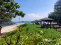 There are gardens and gazebos at Tanjung Penyu Mas Beach, East Java, Indonesia