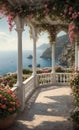 There is a gazebo with flowers and a boat in the ocean. Royalty Free Stock Photo