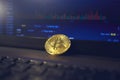 There is a gold bitcoin coin on the laptop panel, the page for changing cryptocurrency rates is open on the laptop display