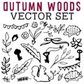 Autumn Woods Vector Set with acorns, banners, porcupine, flower, leaf, and squirrel