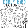 Early Bird Vector Set featuring worms, birds, flowers, trees, and leaves