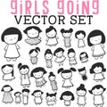 Girls Going Vector Set with girls in dresses and cute outfits