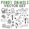 Pondy Animals Vector Set with frogs, deer, ducks, ferns, trees, watermelon, river, and fox