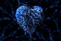 There is heart made of water, which has water drops inside is dark blue background. Happy Valentine`s Day. Royalty Free Stock Photo