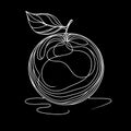 There is an illustration of a grapefruit in black and white featuring a spiral design and a leaf situated at the upper part.