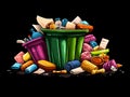 There is an image of a trash can that is packed with a wide variety of garbage and unwanted things Royalty Free Stock Photo