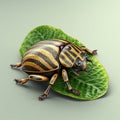 There is large beetle or scarab on top of green leaf. The insect has an interesting and colorful design, with its body