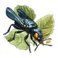 There is large black beetle on top of some green leaves. The insect has red eyes and appears to have an orange or