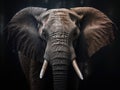 There is large elephant standing in front of black background. The elephant has long trunk and big ears, showcasing its