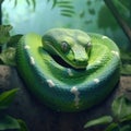 There is large green snake coiled up on top of tree branch. The snake appears to be resting and enjoying its Royalty Free Stock Photo