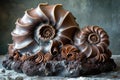 There is a large handmade designer chocolate cake in the shape of a shell on the table