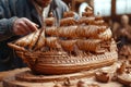 There is a large handmade designer chocolate cake in the shape of a ship with masts on the table