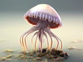 There is large jellyfish in shallow water. The jellyfish has long tentacles and appears to be swimming or floating in Royalty Free Stock Photo