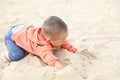 Happy Asia Chinese adorable cute toddler baby boy son child play with sand at beach have fun enjoy sunny outdoor carefree nature Royalty Free Stock Photo