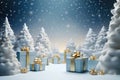 There are lot of packed gifts next to Christmas trees in snowy forest. New Year. Royalty Free Stock Photo