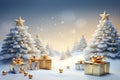 There are lot of packed gifts next to Christmas trees in snowy forest. New Year. Royalty Free Stock Photo