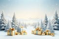 There are lot of packed gifts next to Christmas trees in snowy forest. New Year. Royalty Free Stock Photo