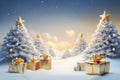 There are lot of packed gifts next to Christmas trees in snowy forest. New Year. Royalty Free Stock Photo