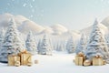 There are lot of packed gifts next to Christmas trees in snowy forest. New Year. Royalty Free Stock Photo