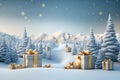 There are lot of packed gifts next to Christmas trees in snowy forest. New Year. Royalty Free Stock Photo