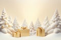 There are lot of packed gifts next to Christmas trees in snowy forest. New Year. Royalty Free Stock Photo