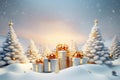 There are lot of packed gifts next to Christmas trees in snowy forest. New Year. Royalty Free Stock Photo