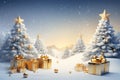 There are lot of packed gifts next to Christmas trees in snowy forest. New Year. Royalty Free Stock Photo