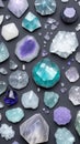 There are a lot of scattered gems, crystals and minerals. A postcard with diamonds, emeralds and sapphires. Wallpaper Royalty Free Stock Photo