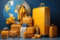 There are a lot of yellow suitcases, clothes and a glabus on a blue background. The concept of summer holidays and travel