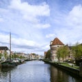 The old canals of Zwolle with beautiful old barges on the quay