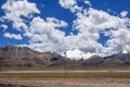 There is a magnificent, beautiful and clear snow mountain in the distance under the blue sky and white clouds Royalty Free Stock Photo