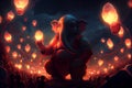 There are many galactic stars in the night sky of a huge massive GANESHA statue, with red lanterns rising in the sky,generative ai Royalty Free Stock Photo