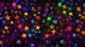 There are many multi-colored stars on a dark background.