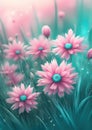 there are many pink flowers growing in the grass, beautiful exquisite art, teal, softly lit, depth of focus, radiating connection