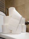There are many rolls of toilet paper lying on the toilet lid in the bathroom of the apartment Royalty Free Stock Photo