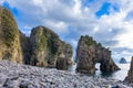 View of strangely shaped rocks on the Ushima coast in Nishiizu, Japan.