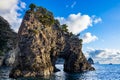 View of strangely shaped rocks on the Ushima coast in Nishiizu, Japan.