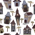 There are many unusual and interesting houses here. Drawn city. Earthy colors. Vector illustration for website, books, banners. T- Royalty Free Stock Photo