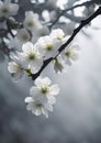 there are many white flowers on a tree branch in the fog, beautiful detail, with backlight, in beauty there is ugliness, gray